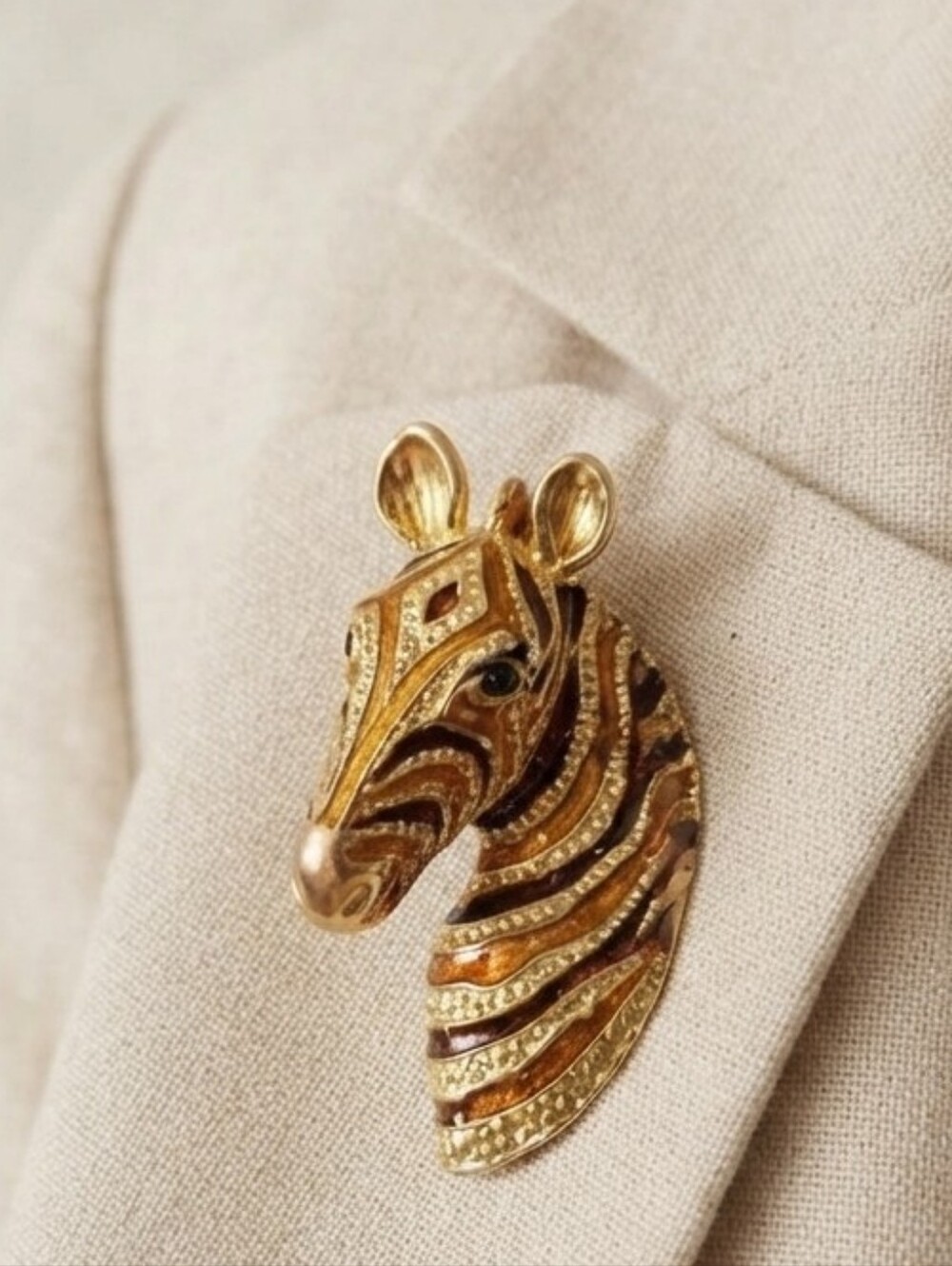 Black And Gold Enamel Figural ZEBRA Brooch Statement Pin 2.75"